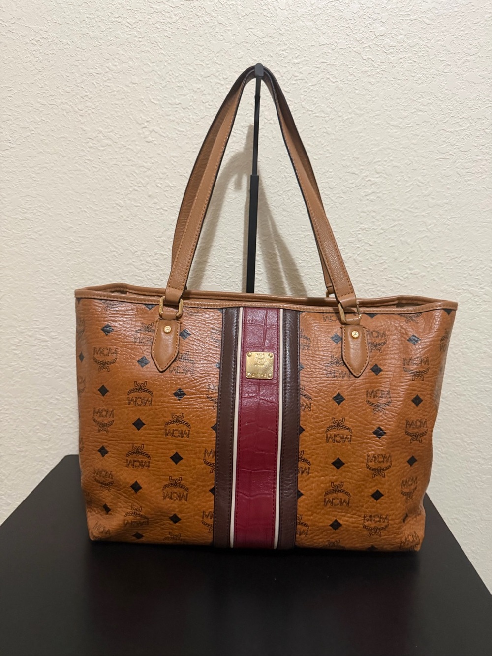 MCM Cognac Visetos Tote with Burgundy Center Stripe